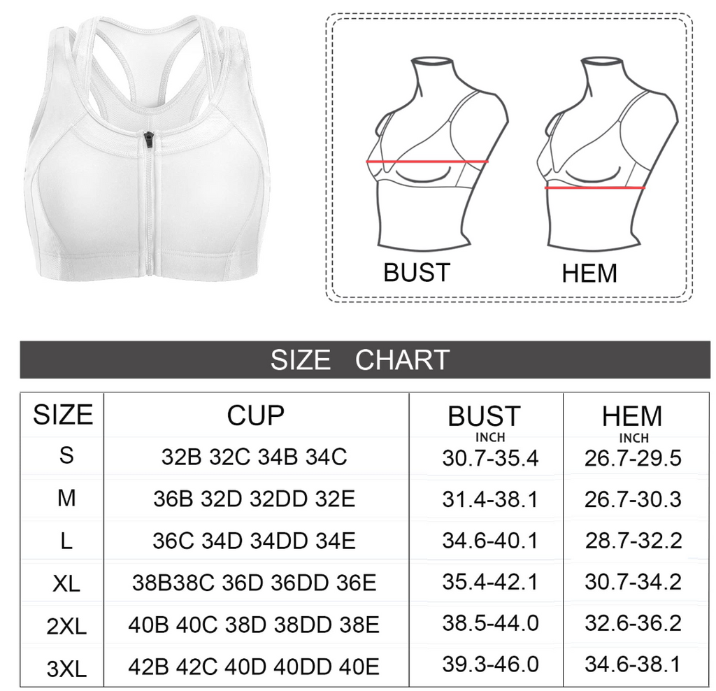 High Impact Front-Closure Sports Bra – Full Coverage, Padded, White