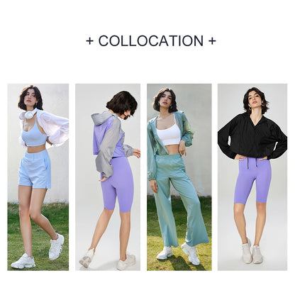 New Lightweight Yoga Jacket Loose Hooded Drawstring Sport Top Women'S Thin Casual Outdoor Long Sleeve Summer Jacket