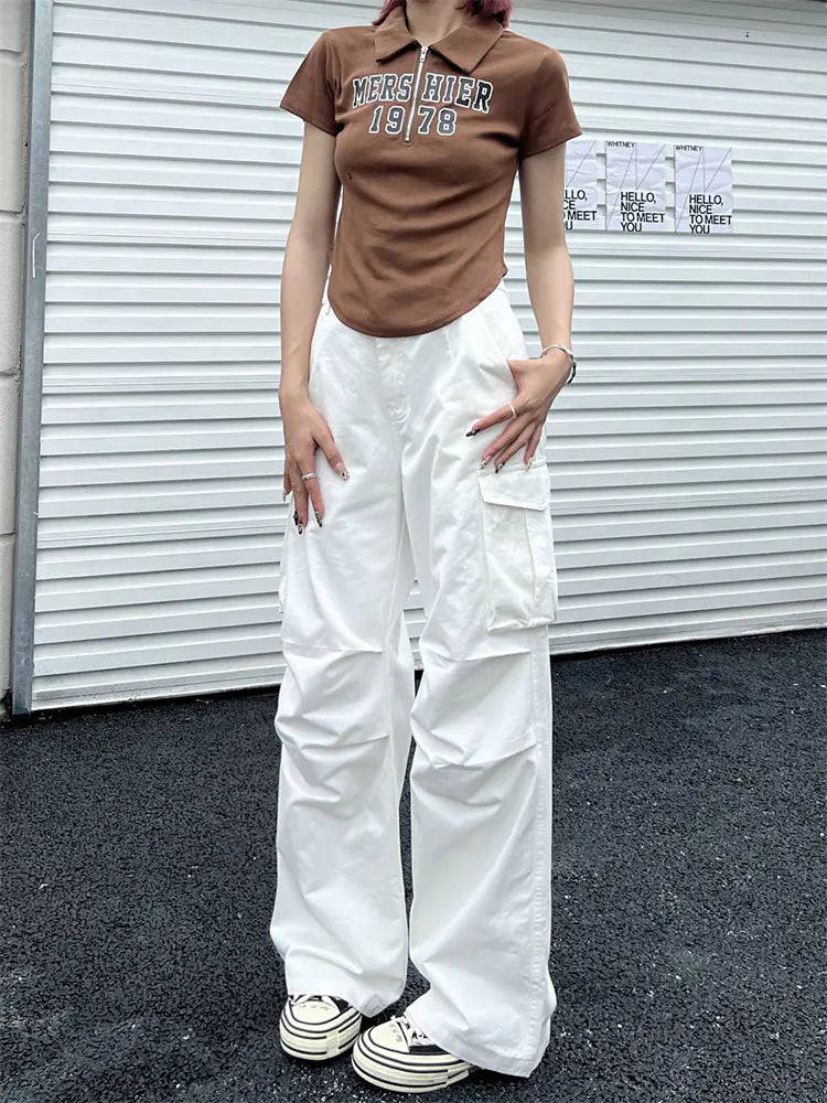 Deeptown Y2K Vintage Cargo Pants for Women | Oversized Streetwear Wide-Leg Trousers