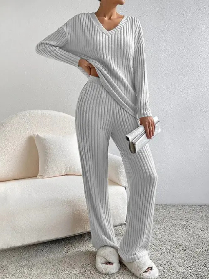 Cozy Ribbed Knit Lounge Set for Women • LÁVINE™ 2-Piece V-Neck Sweater & Pants – Hypes Inventory