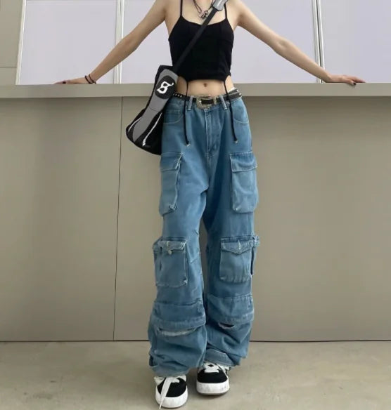 Retro Baggy Cargo Pants | Y2K High-Waisted Streetwear with Pockets for Women