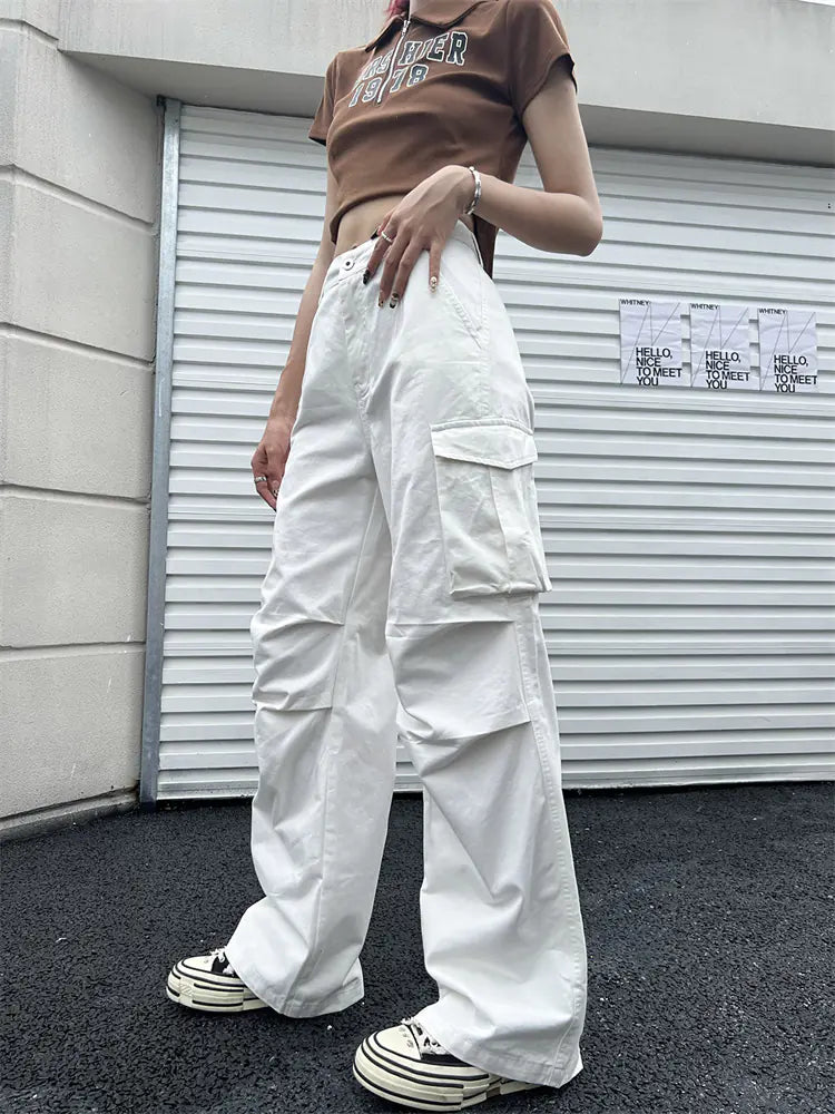Deeptown Y2K Vintage Cargo Pants for Women | Oversized Streetwear Wide-Leg Trousers