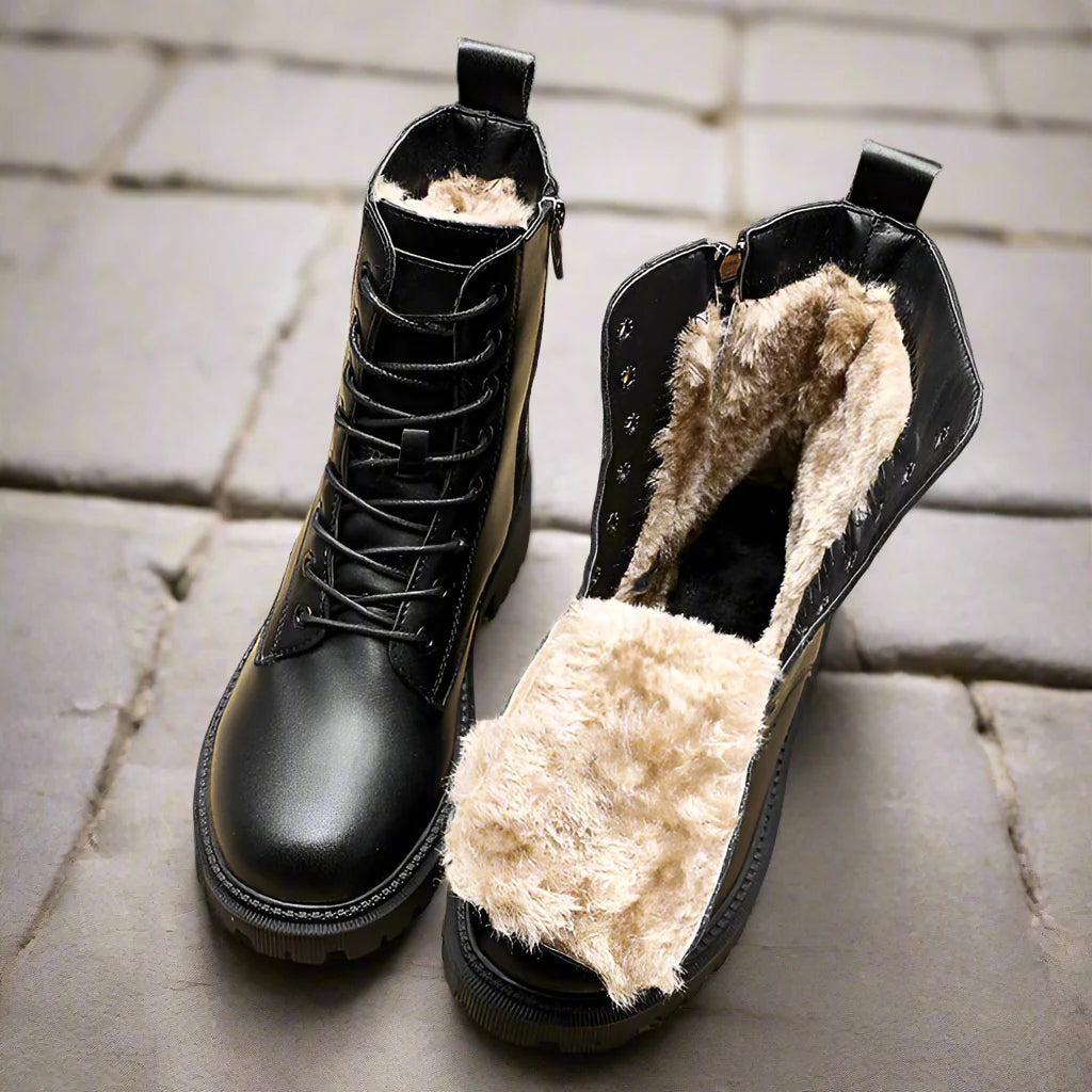 Delphine Black Leather Winter Boots