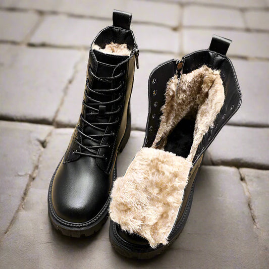 Delphine Black Leather Winter Boots