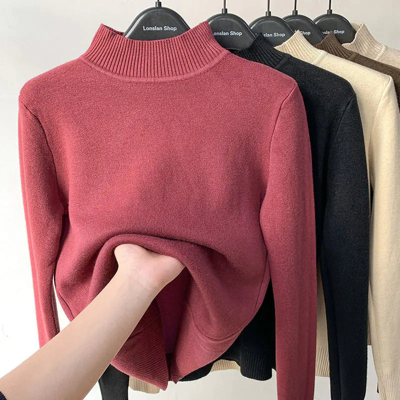 Velvet Turtleneck Sweater for Women | Warm Fleece Lined Autumn & Winter Top