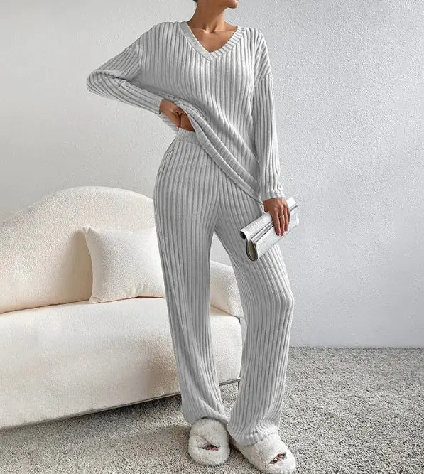 Women’s Ribbed Knit Lounge Set | Cozy 2-Piece V-Neck Sweater & Pants for Autumn & Winter