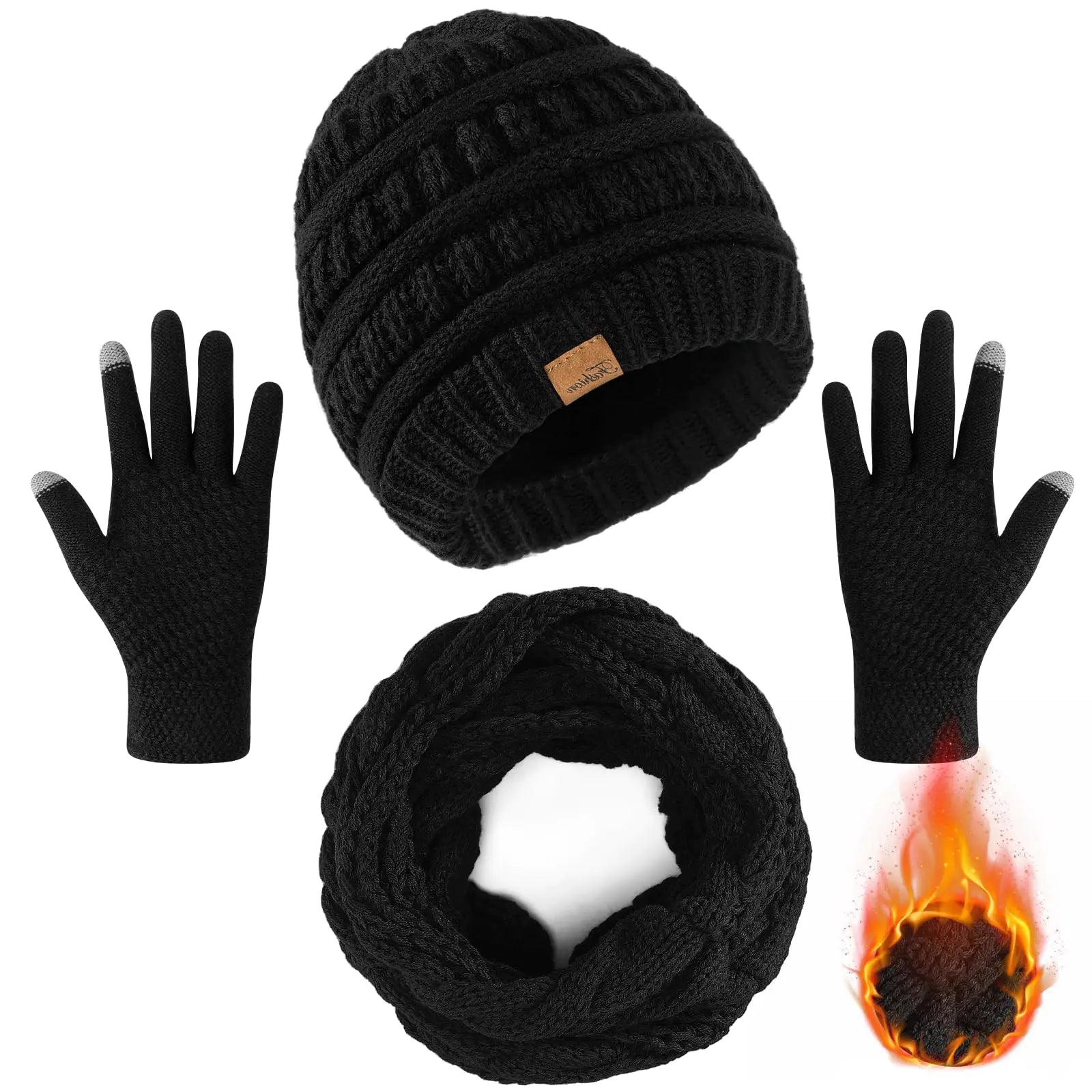3-Piece Winter Beanie, Scarf & Gloves Set – Warm Knit Touchscreen Set for Men & Women