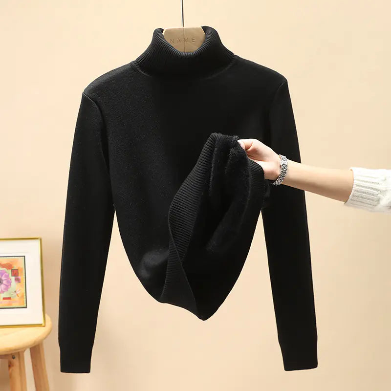 Velvet Turtleneck Sweater for Women | Warm Fleece Lined Autumn & Winter Top