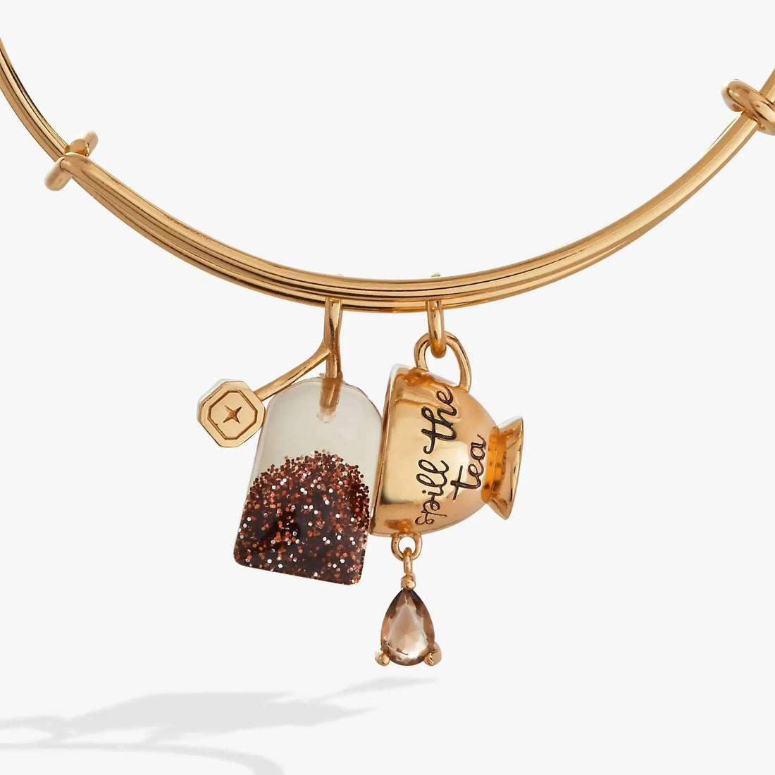 ALEX AND ANI spill-the-tea duo charm bangle featuring tea-themed charms on a sleek bracelet, perfect for tea lovers.