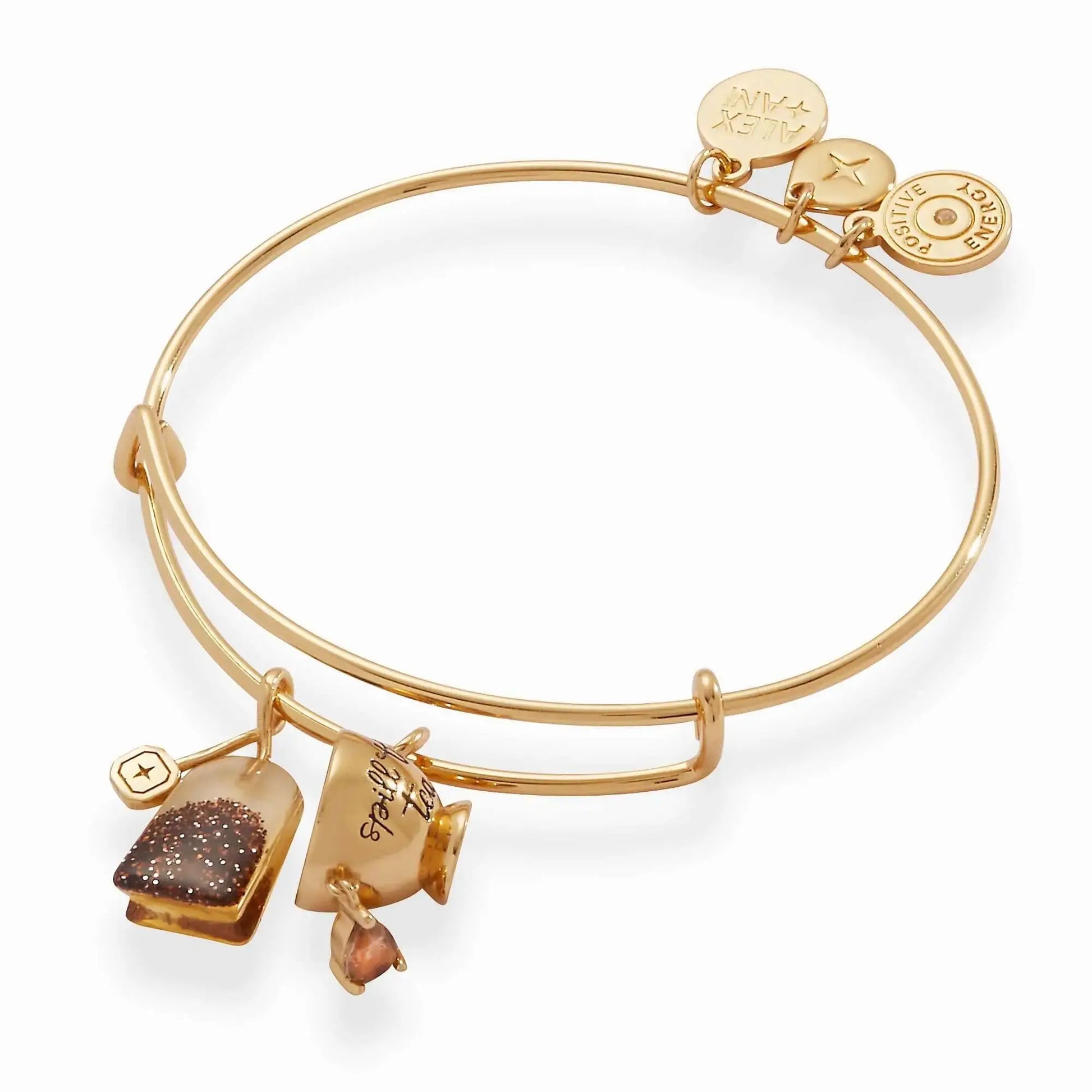 ALEX AND ANI spill-the-tea duo charm bangle featuring tea cup and tea leaf charms on a sleek bracelet for tea lovers.