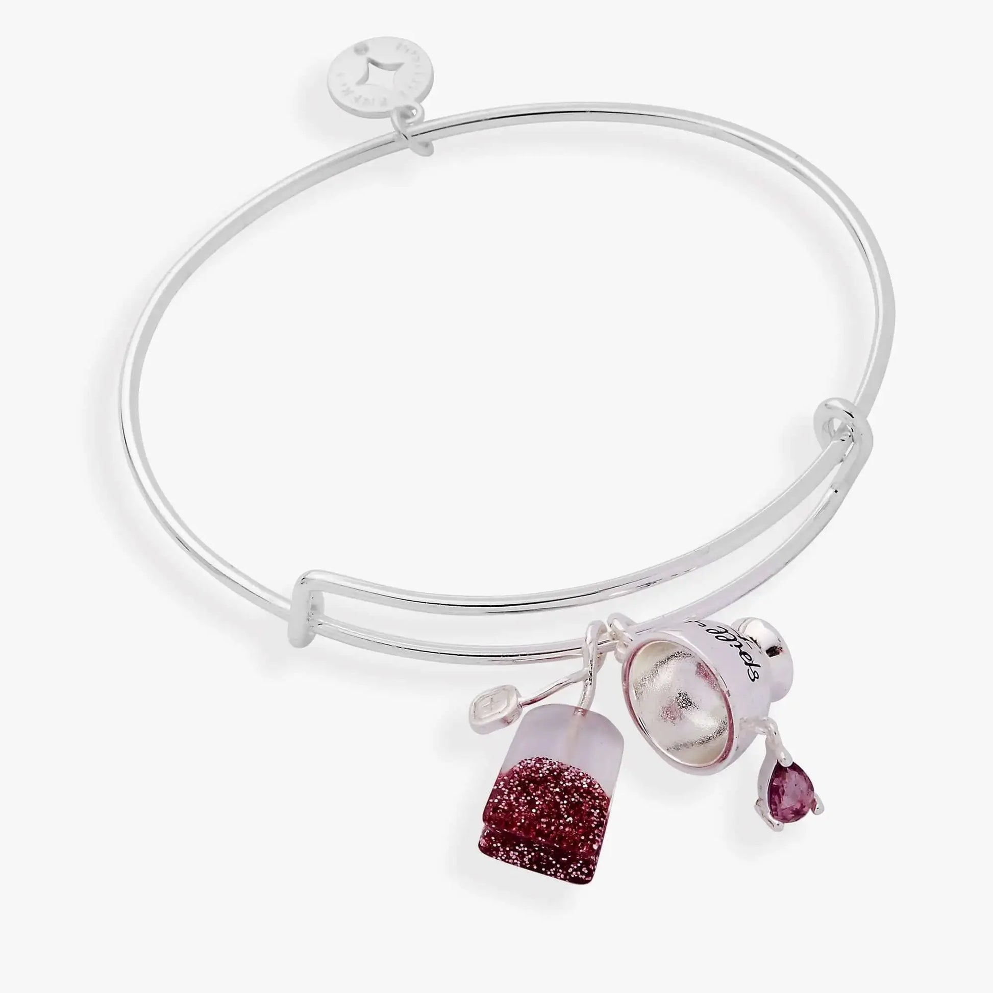 ALEX AND ANI spill-the-tea duo charm bracelet featuring a tea bag and cup charm on a silver-tone bangle.