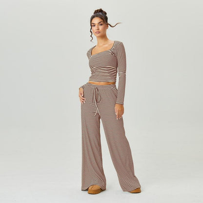 Katchme&Aerkyn Women'S Chic Square Neck Stripe Long Sleeve Crop Top & Low-Rise Wide Leg Trousers Co-Ord, Basic Two Piece Outfits for Lady, Cozy Womenswear(Cn)