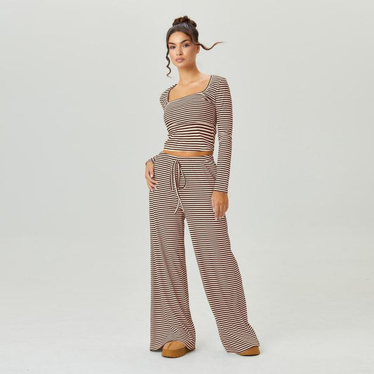 Katchme&Aerkyn Women'S Chic Square Neck Stripe Long Sleeve Crop Top & Low-Rise Wide Leg Trousers Co-Ord, Basic Two Piece Outfits for Lady, Cozy Womenswear(Cn)