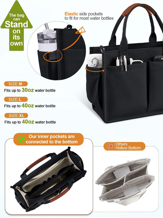 Womens Canvas Tote Bag Purse with Individual Compartment, Zipper Top, Reinforced Bottom & Luggage Sleeve