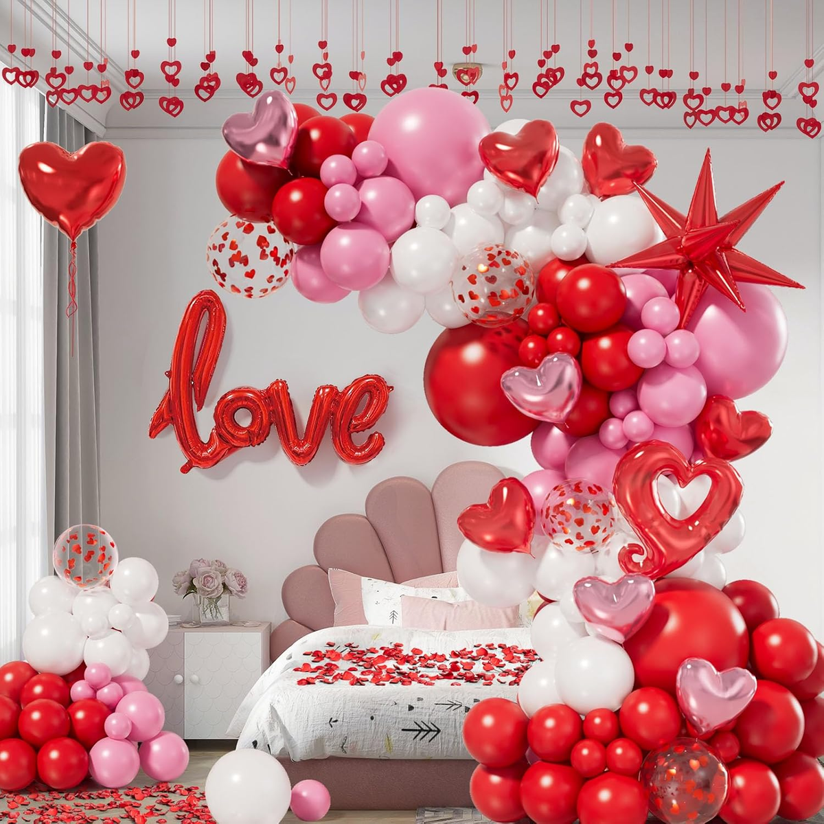 156Pcs Valentines Day Balloon Arch Garland Kit with Pink White Red Confetti Heart Balloons Love Foil Balloons Explosion Star Balloons Rose Petals for Anniversary Wedding Romantic Decorations