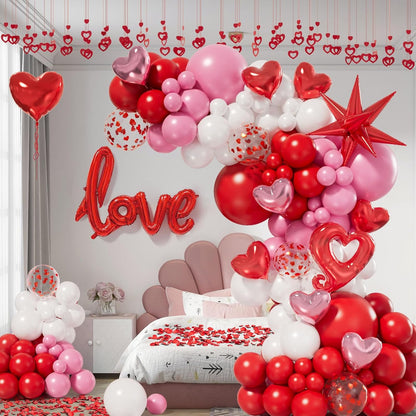 156Pcs Valentines Day Balloon Arch Garland Kit with Pink White Red Confetti Heart Balloons Love Foil Balloons Explosion Star Balloons Rose Petals for Anniversary Wedding Romantic Decorations