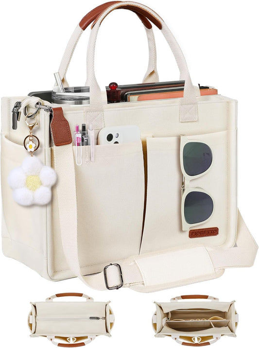Womens Canvas Tote Bag Purse with Individual Compartment, Zipper Top, Reinforced Bottom & Luggage Sleeve