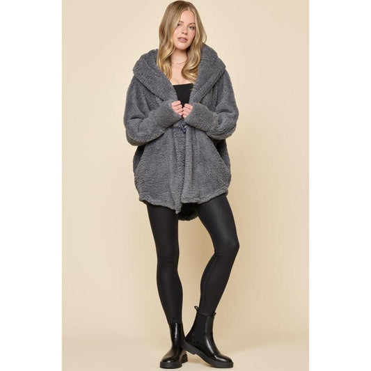 Faux Sherpa Cocoon Coat - Cool Grey