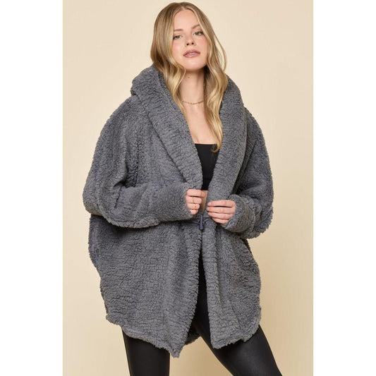 Faux Sherpa Cocoon Coat - Cool Grey