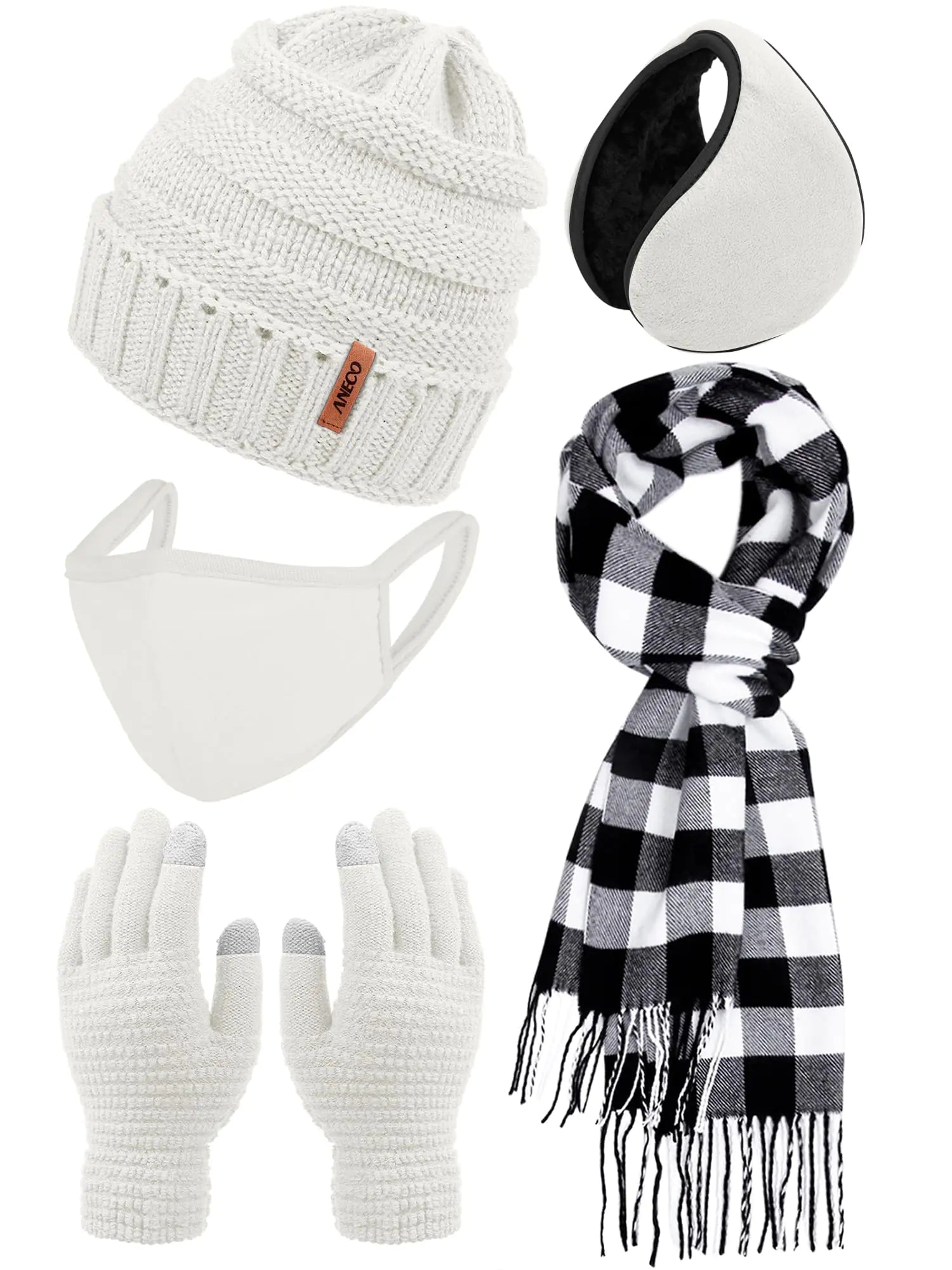 Aneco 5-Piece Buffalo Plaid Winter Warm Set – Beanie, Scarf, Gloves, Earloop Cover & Ear Warmers for Men & Women