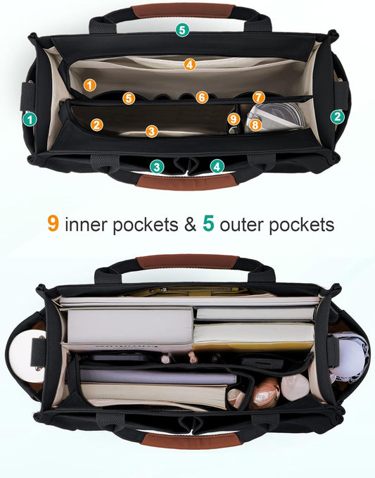 Womens Canvas Tote Bag Purse with Individual Compartment, Zipper Top, Reinforced Bottom & Luggage Sleeve