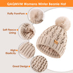 Aneco Womens Winter Warm Sets Knitted Fur Pompoms Beanie Hat Circle Loop Scarf Touch Screen Gloves Winter Favor Accessories