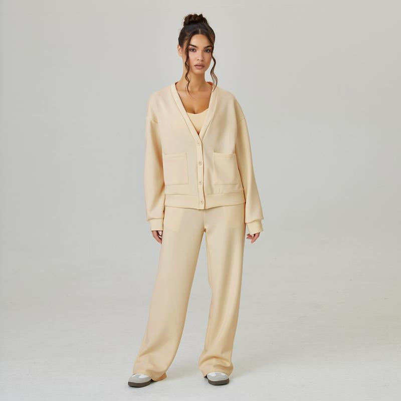 Katchme&Aerkyn Women'S Slouchy Solid Color V Neck Long Sleeve Button Cardigan & Drawstring Waist Trousers Co-Ord, Soft Two Piece Outfits for Fall & Winter(Cn)