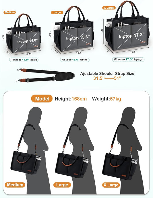 Womens Canvas Tote Bag Purse with Individual Compartment, Zipper Top, Reinforced Bottom & Luggage Sleeve
