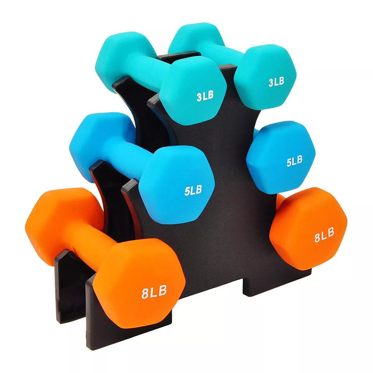 Balancefrom Fitness 3 Pair Neoprene Coated Hexagon Shaped Dumbbell Set with 3, 5, and 8 Pound Hand Weights, Weight Stand, and Assembly Tool