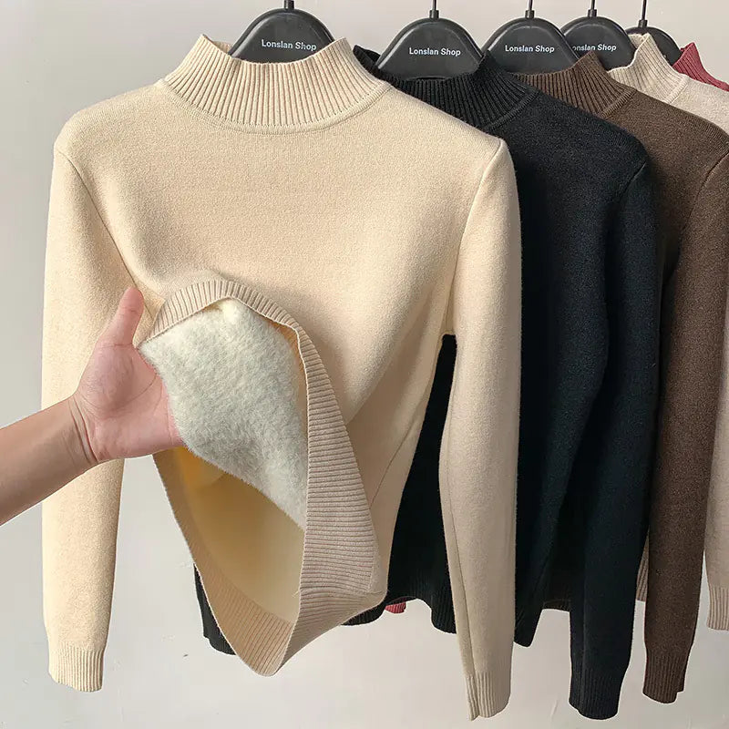 Velvet Turtleneck Sweater for Women | Warm Fleece Lined Autumn & Winter Top