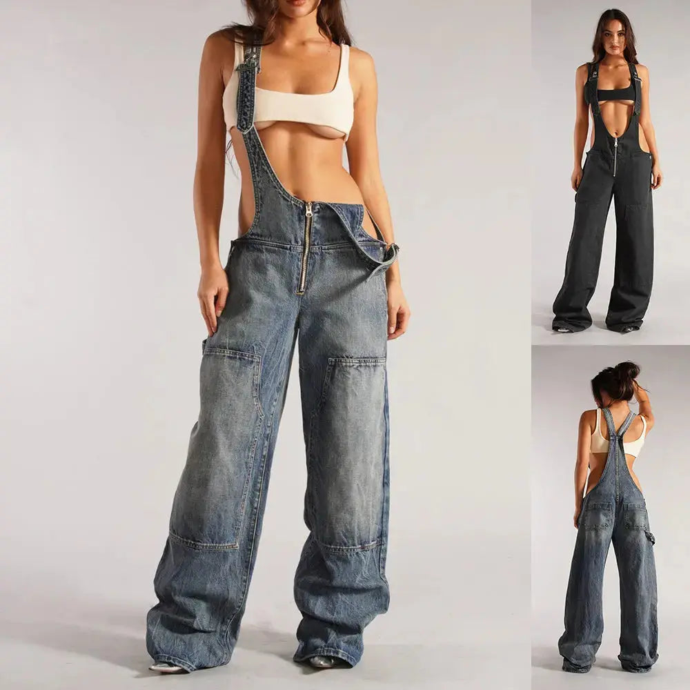 Black Y2K denim overalls for women by Flairé™ with a zip front, loose fit, and front pockets, styled as a casual jumpsuit.