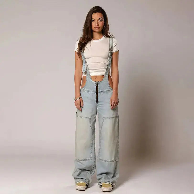 Black Y2K denim overalls for women by Flairé™, loose fit zip front jumpsuit with pockets and casual style.
