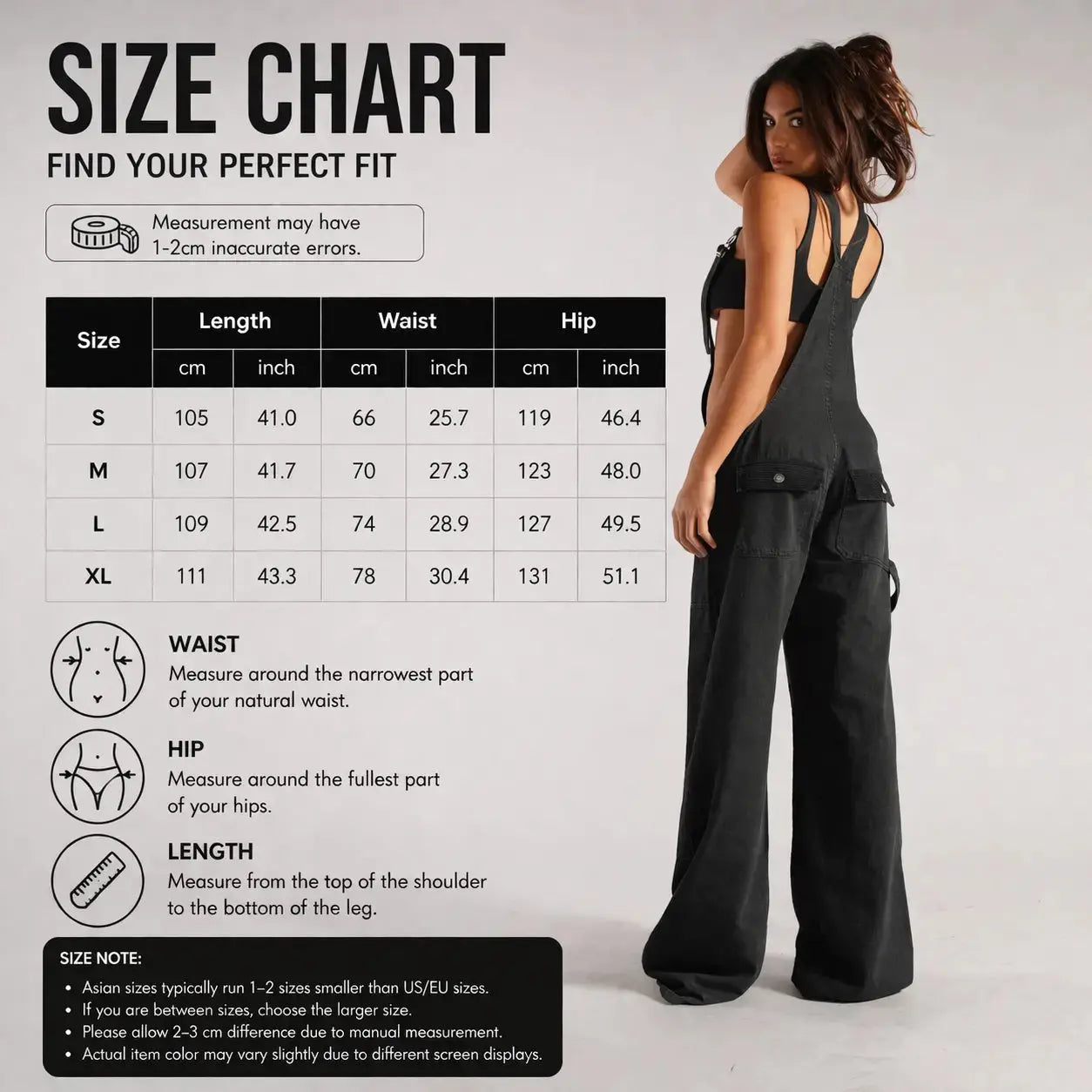 Black Y2K denim overalls for women by Flairé™ with a zip front, loose fit, and front pockets, styled as a casual jumpsuit.