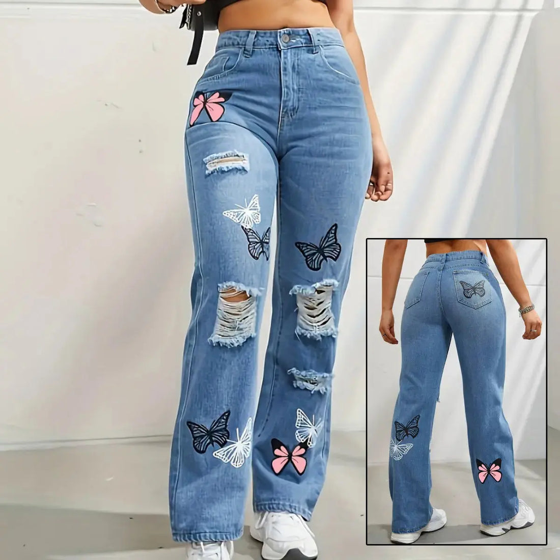 Flairé™ Butterfly print high waist distressed straight leg denim jeans, featuring butterfly patterns and distressed details.