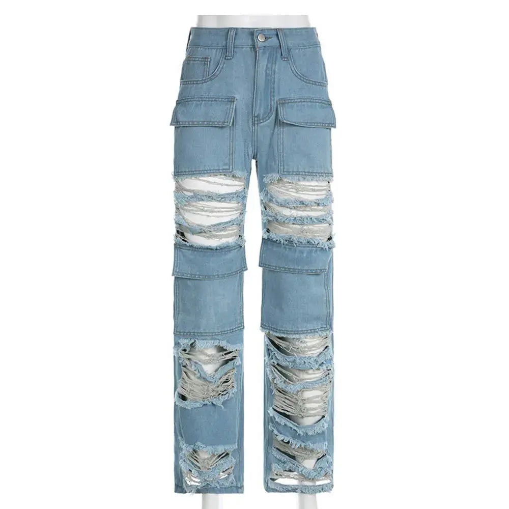 Blue Flairé™ high waist ripped distressed jeans with raw hem, showcasing a trendy denim style for women.