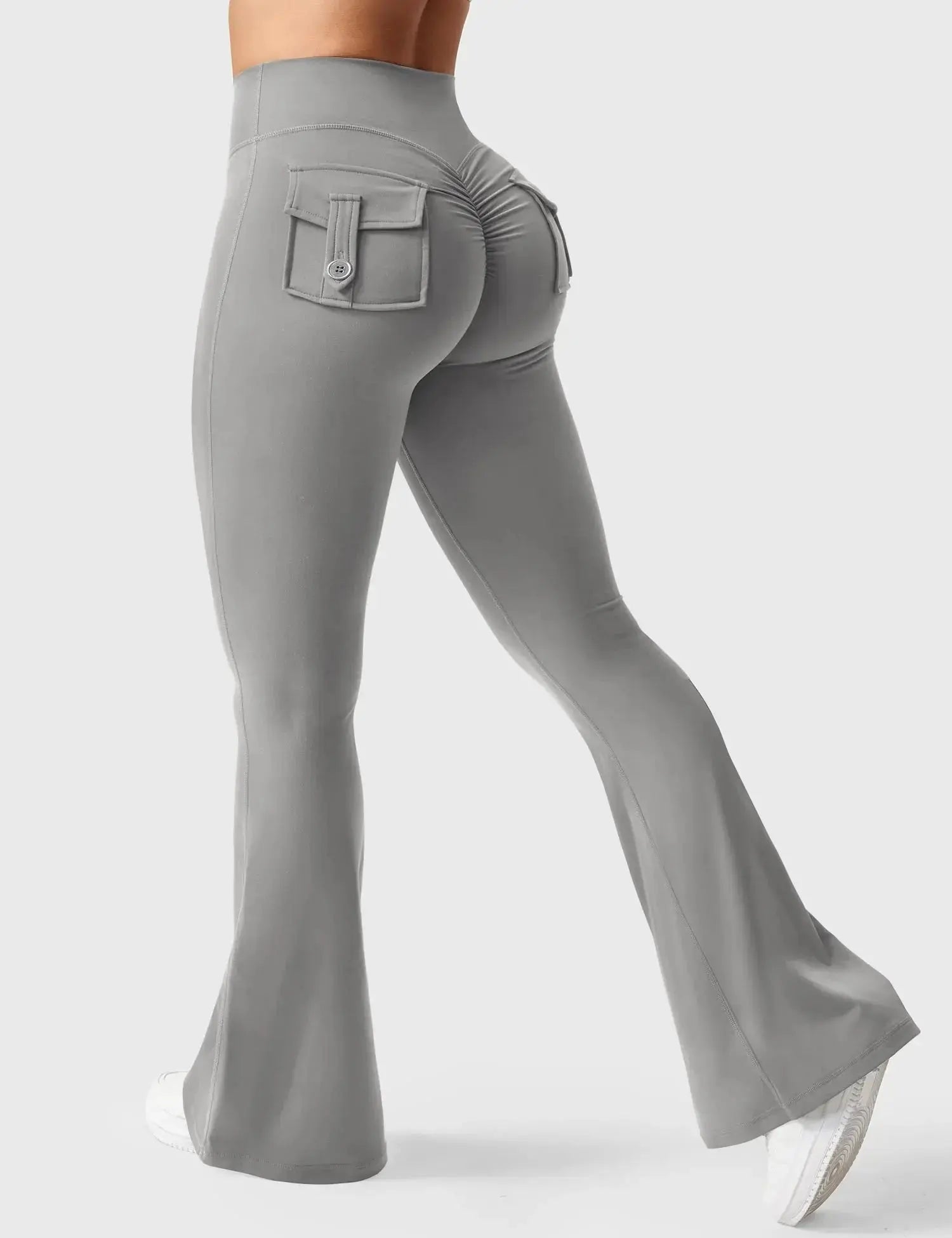 Light grey Flairé™ 30-inch high-waisted flare leggings with pockets, designed for yoga and athleisure wear.