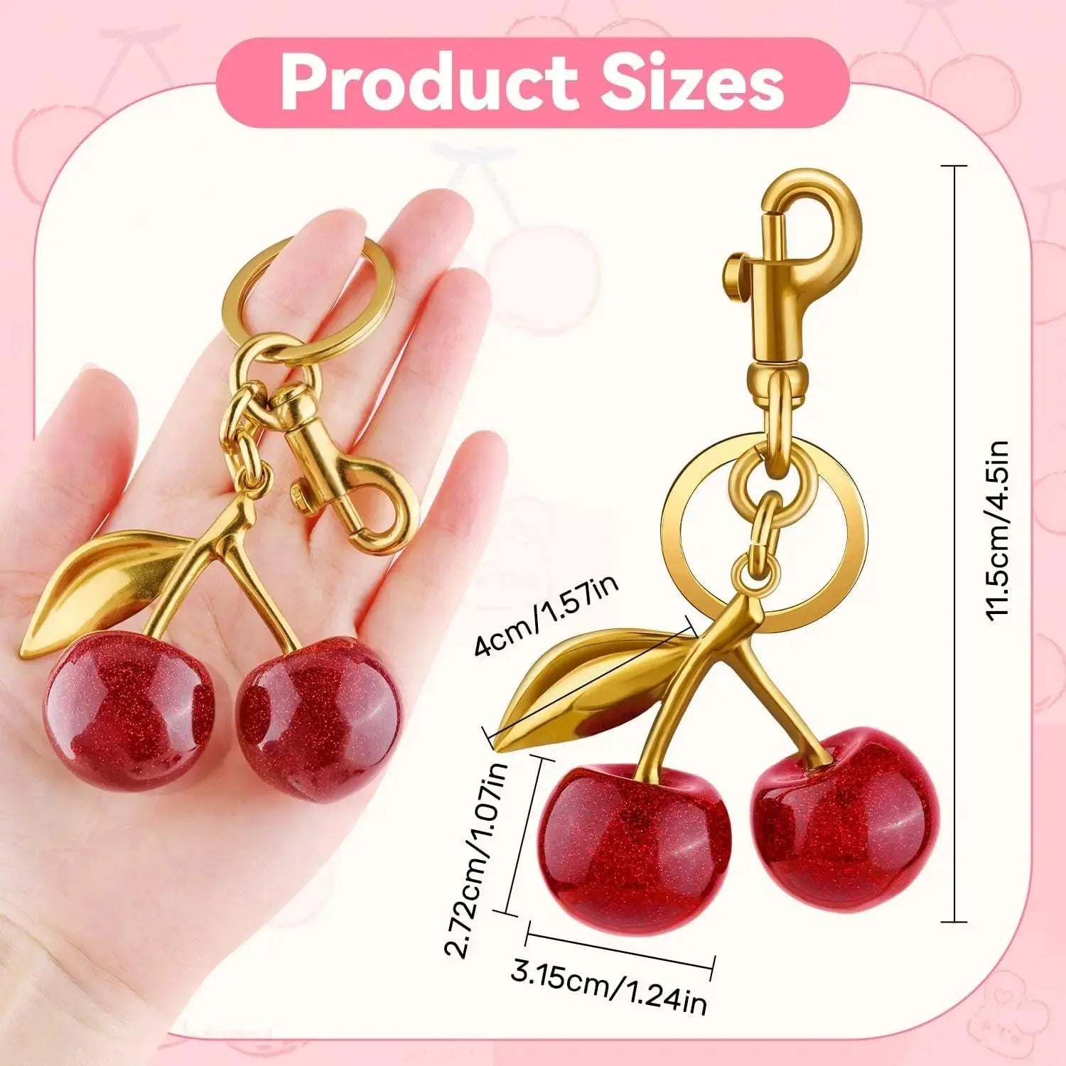 Red cherry purse charm and strawberry keychain by Hypes Inventory, perfect for handbags and as a gift for women.