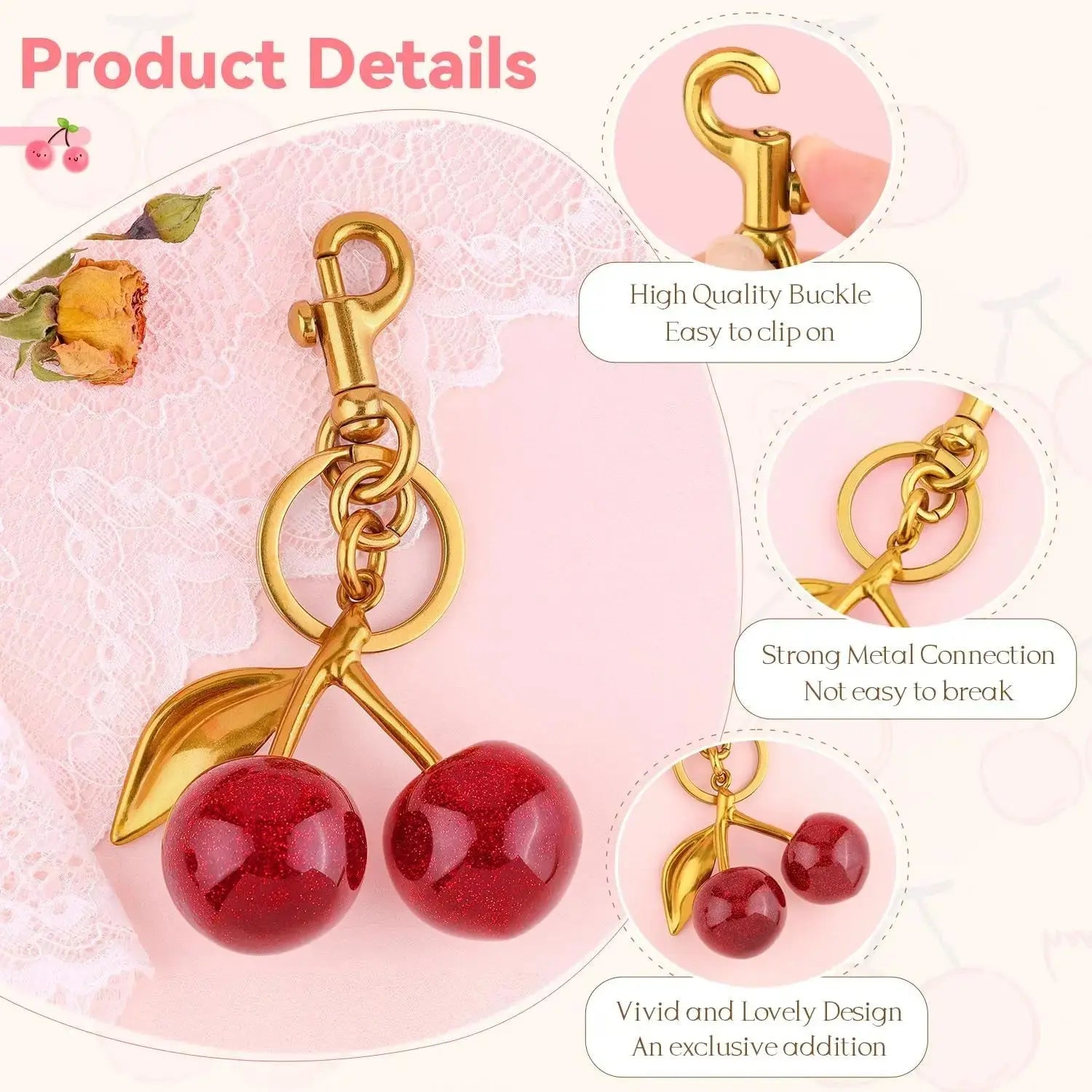 Red cherry bag charm and strawberry keychain for handbags, cute and decorative accessory for women by Hypes Inventory.