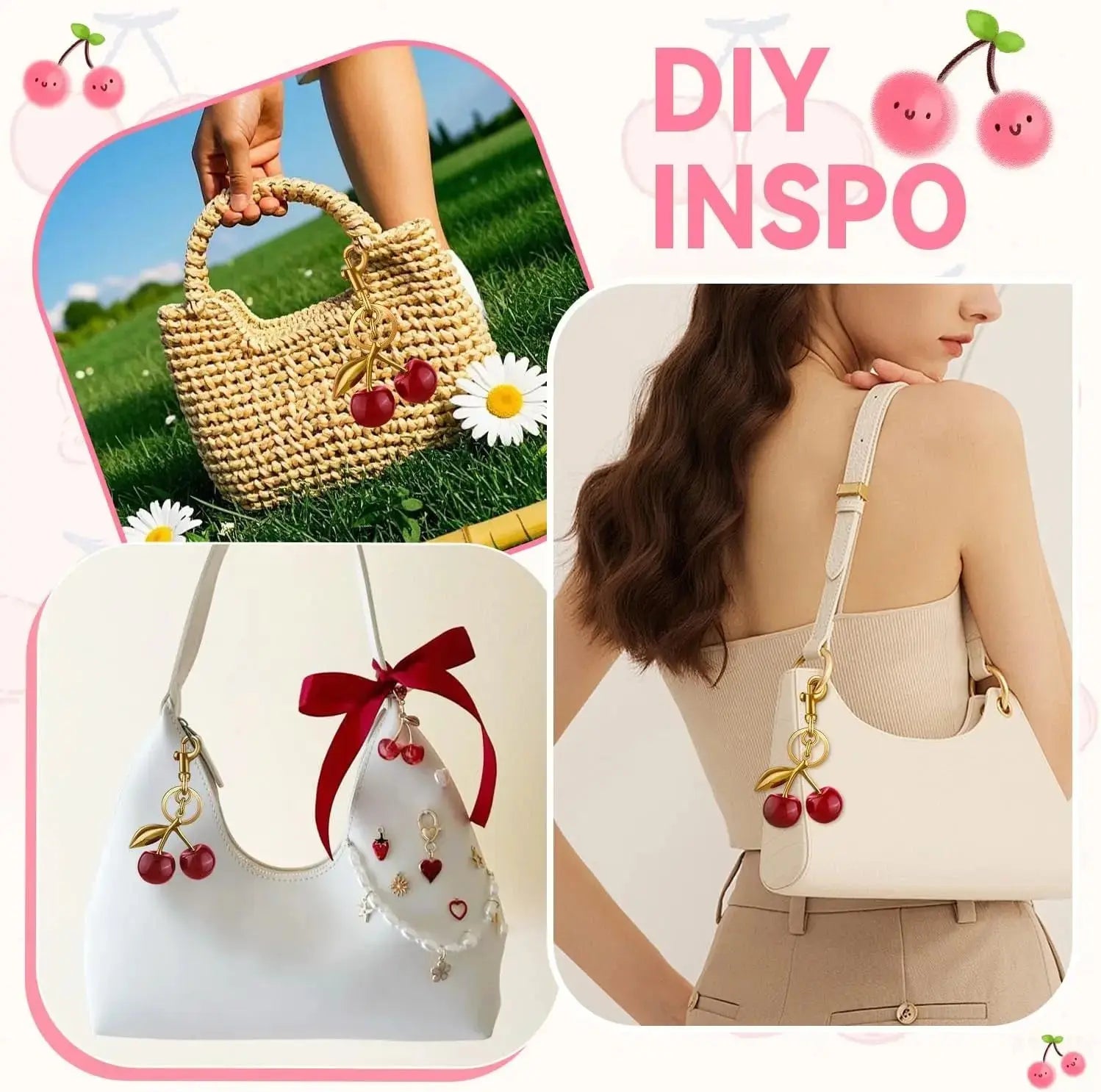 Red cherry purse charm and strawberry keychain by Hypes Inventory, designed for handbags and women’s accessories.