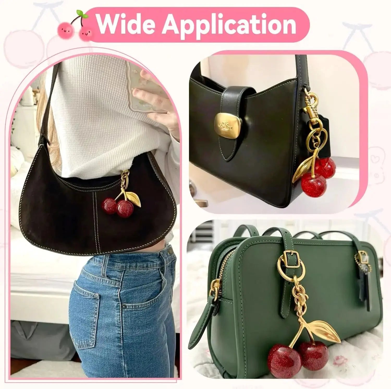 Red cherry purse charm and strawberry keychain for handbags, cute accessory by Hypes Inventory for women.