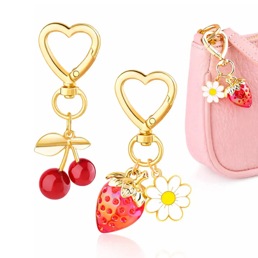 Red cherry bag charm and strawberry keychain for handbags, adorable accessory by Hypes Inventory for women.
