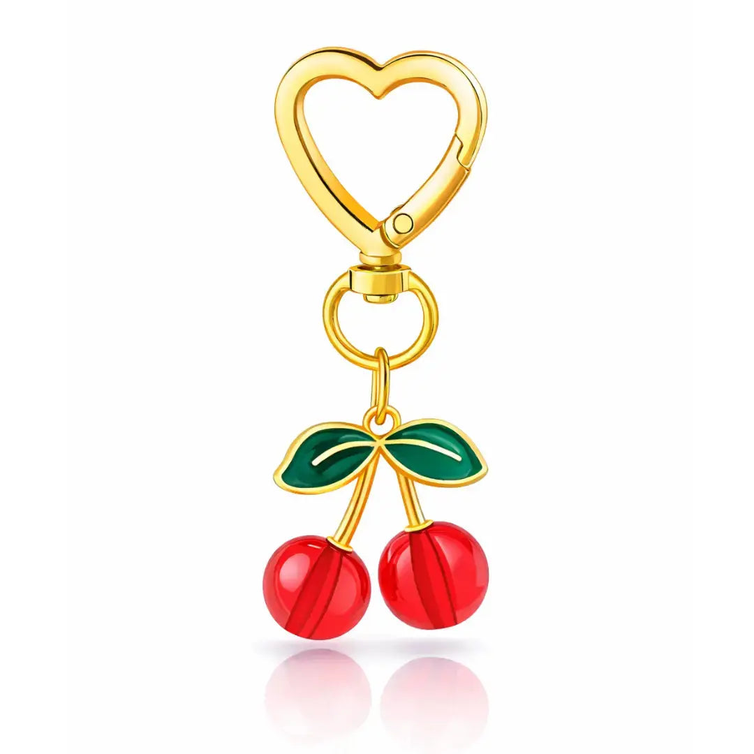 Red cherry purse charm keychain for handbags, cute strawberry design, perfect accessory for women’s bags by Hypes Inventory.