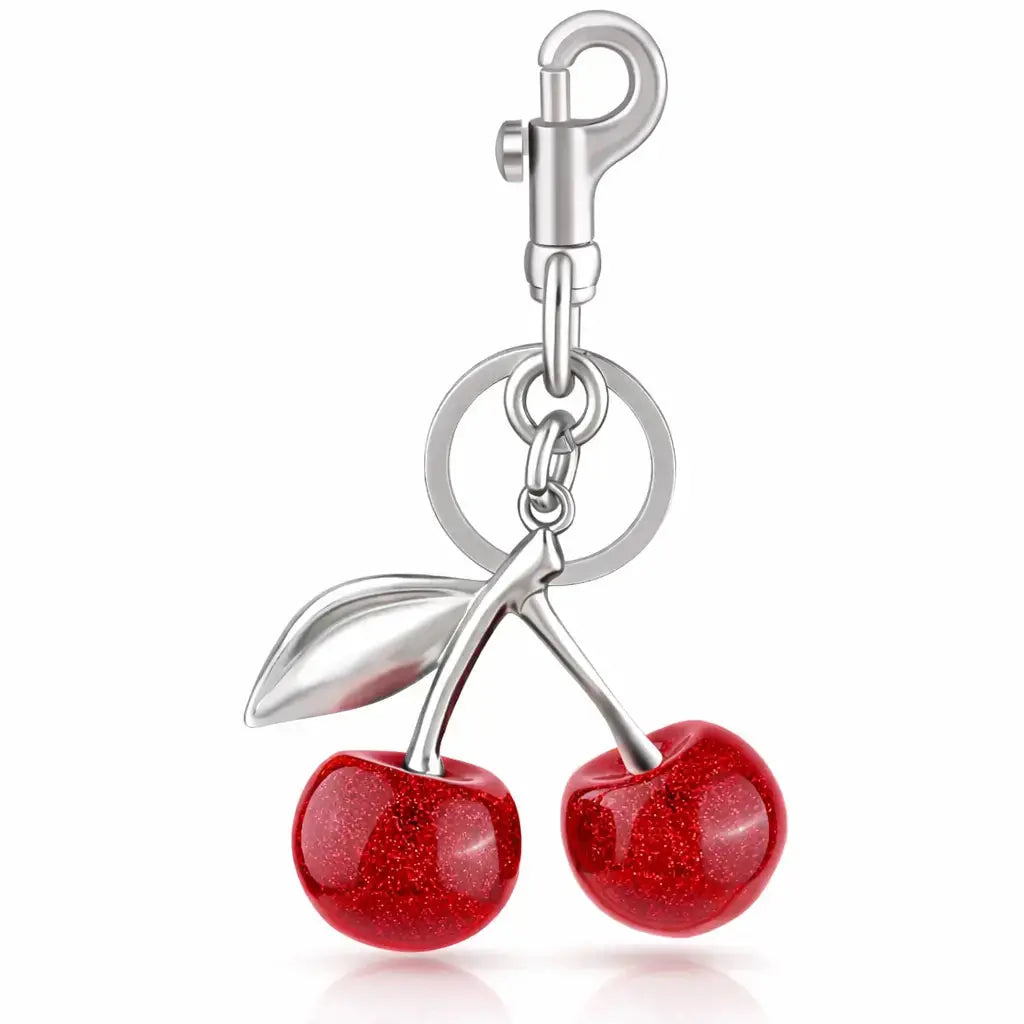 Red cherry purse charm keychain for handbags by Hypes Inventory, featuring a cute cherry and strawberry design for women.