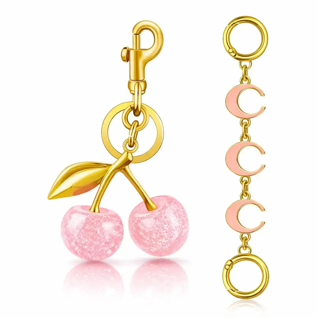 Red cherry purse charm keychain for handbags, cute strawberry design, Hypes Inventory bag charm accessory for women.