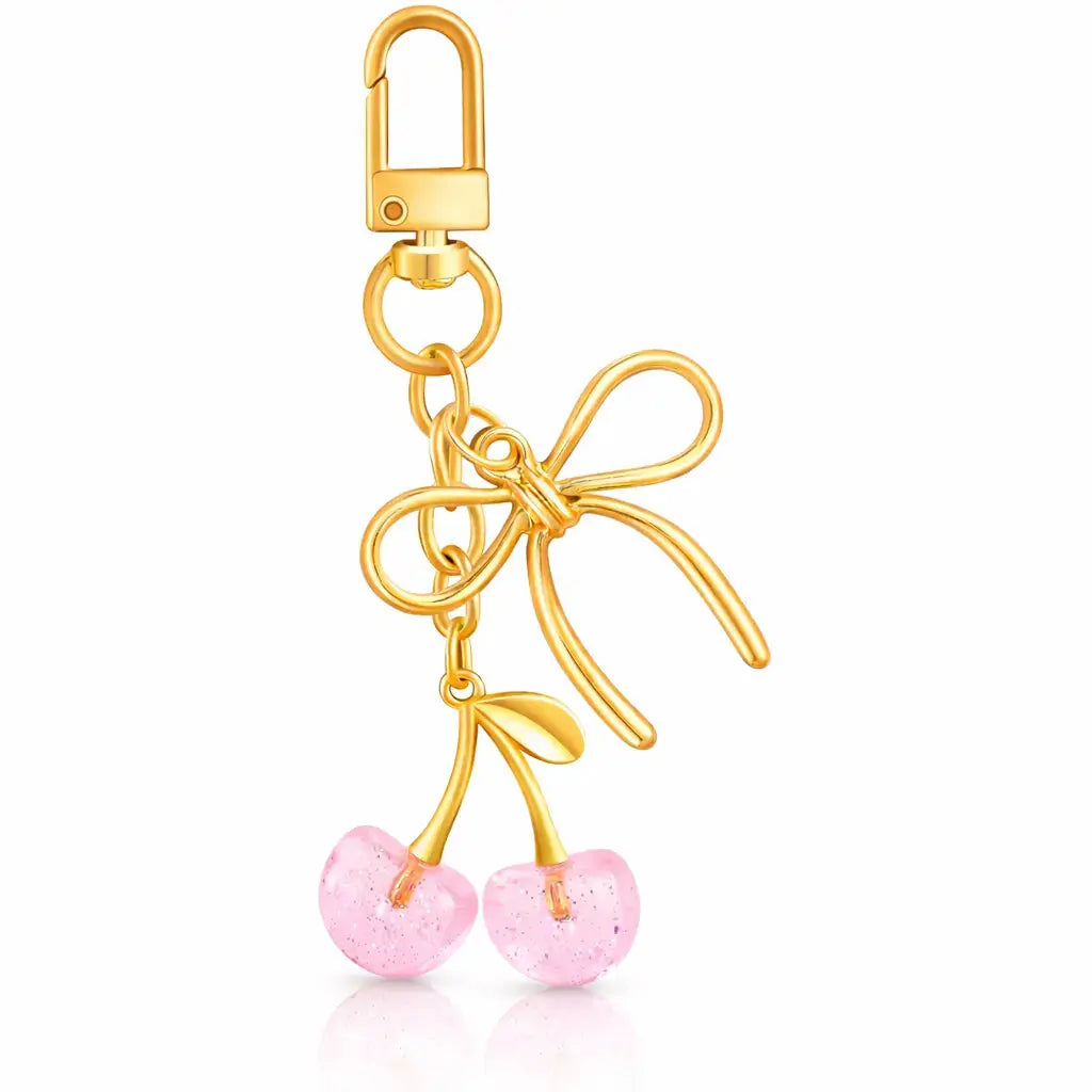 Red cherry and strawberry purse charm keychain for handbags, cute bag accessory by Hypes Inventory for women.