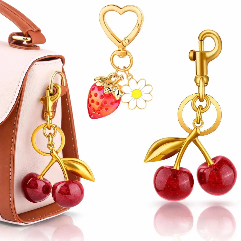 Red cherry purse charm keychain for handbags, cute strawberry and cherry design, perfect gift for women by Hypes Inventory.