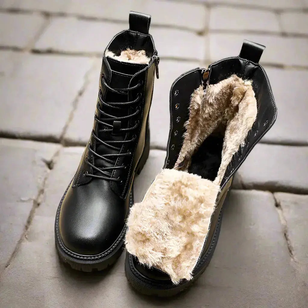 Black leather winter boots for women, British Martin style by Hypes Inventory, featuring ankle height and sturdy sole.
