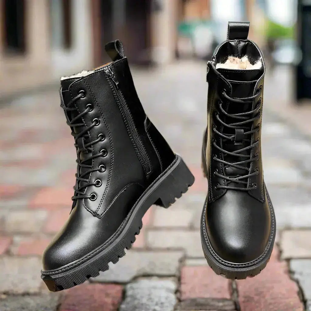 Delphine black leather winter boots for women by Hypes Inventory, British Martin style with sturdy soles and stylish design.