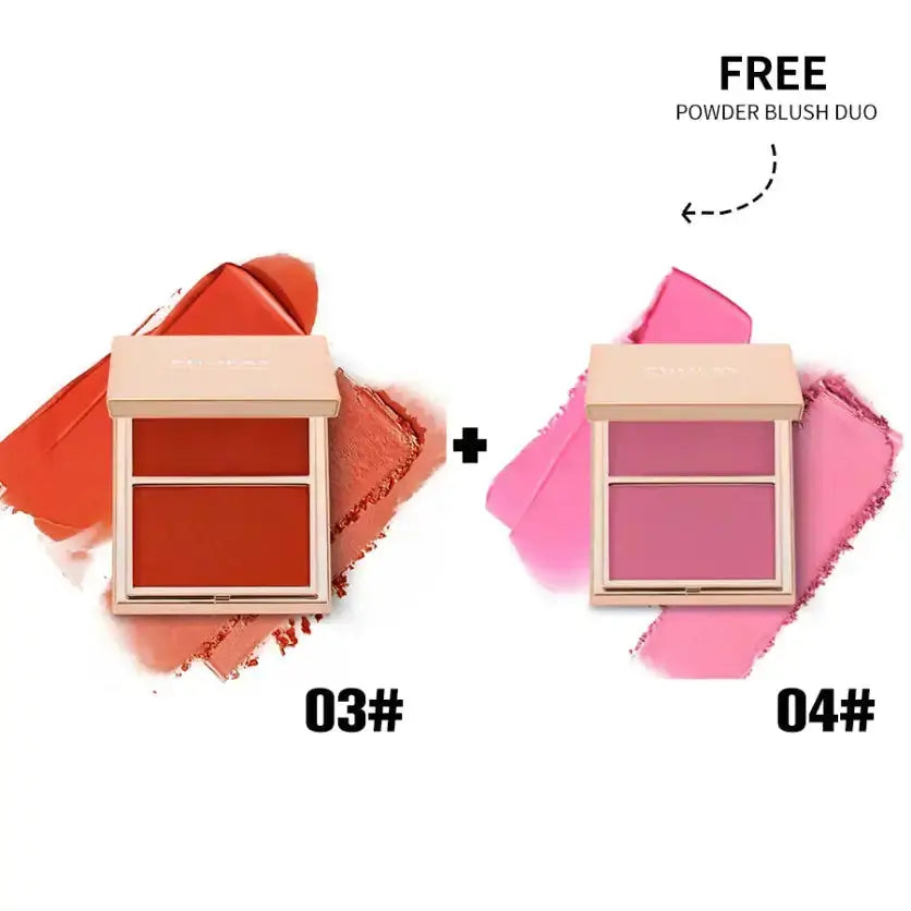 Hypes Inventory PHOFAY blush duo with cream and powder blush for a radiant glow, shown in sleek compact with blended shades