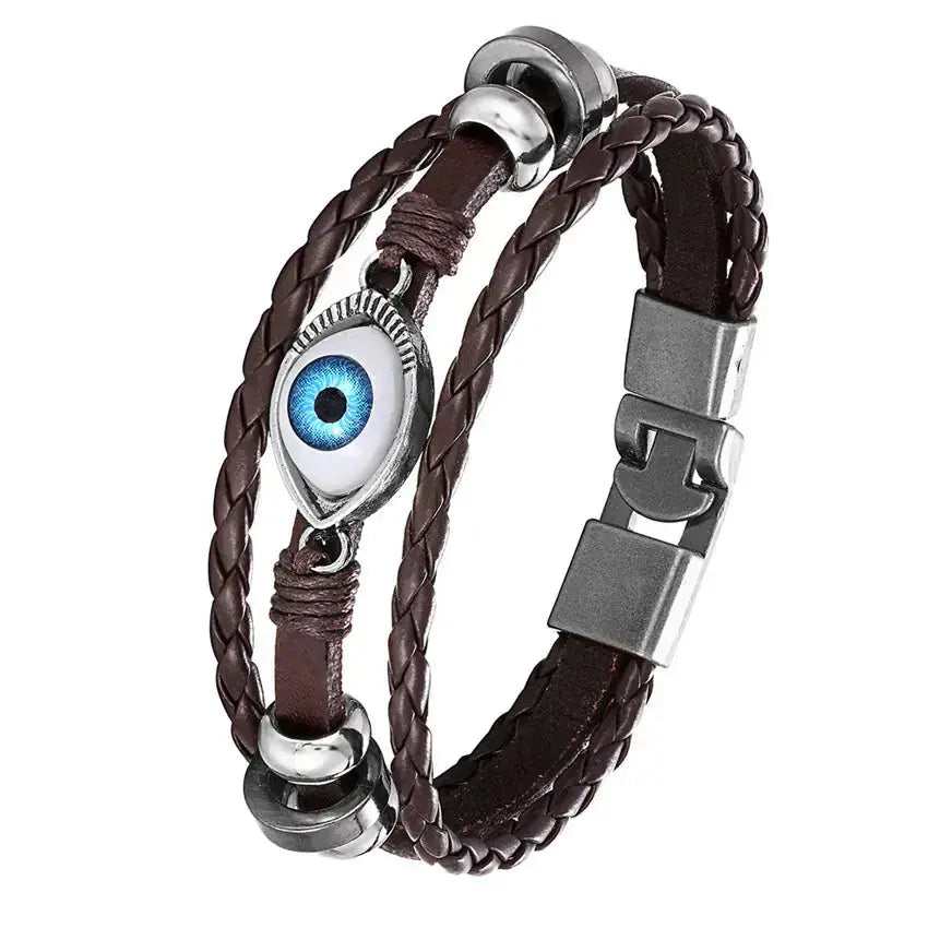Black multi-layer evil eye bracelet for women by Hypes Inventory featuring beaded leather design and protective charms.